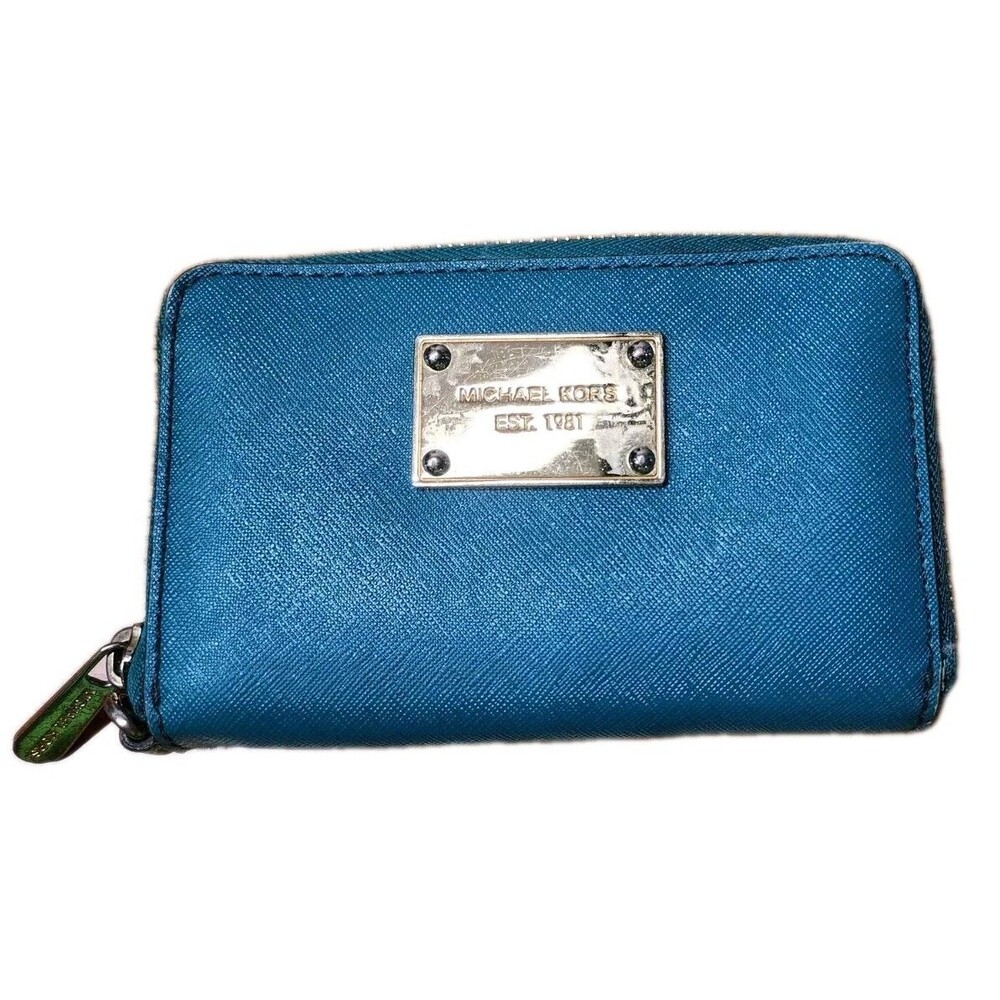 Michael Kors Zip Around Teal Blue Green Saffiano Leather